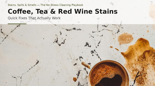 Coffee spill on a light surface used as a cover image for an article about removing coffee, tea, and red wine stains.