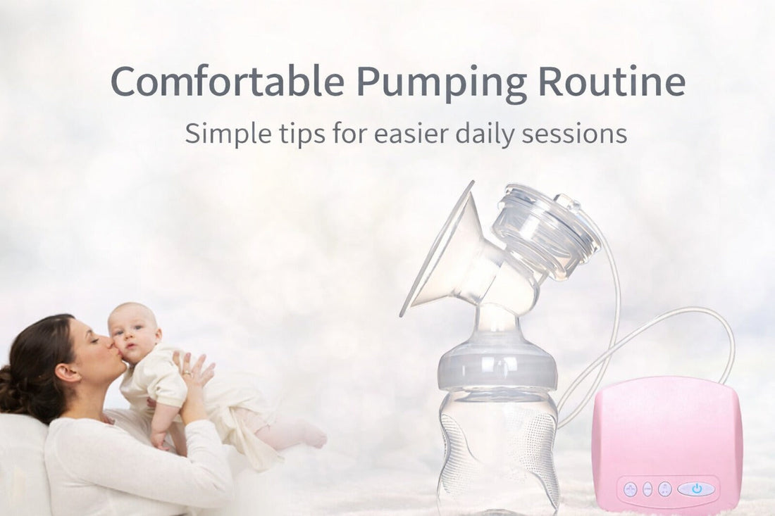Mother holding her baby beside a pink automatic electric breast pump with the text Comfortable Pumping Routine on a soft light background.