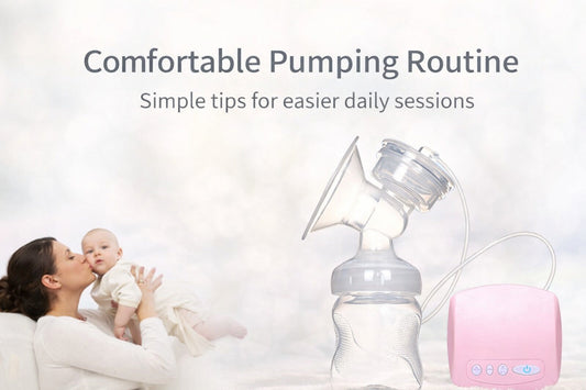 Mother holding her baby beside a pink automatic electric breast pump with the text Comfortable Pumping Routine on a soft light background.