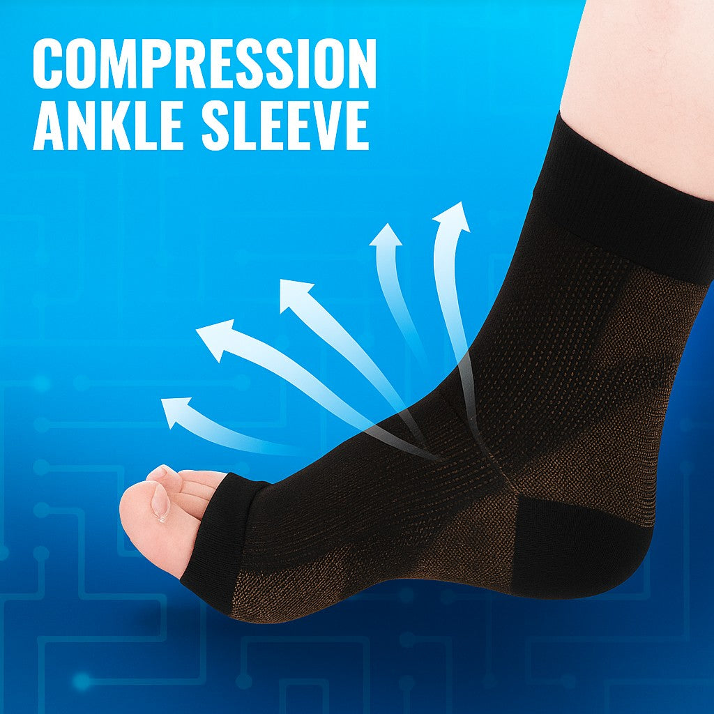 Black anti-fatigue compression ankle sleeve with breathable fabric and blue background