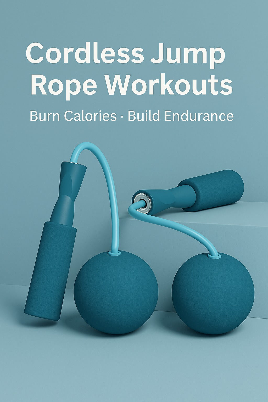 Cordless jump rope workouts cover image with teal handles and weighted balls on a blue background, text saying Burn Calories · Build Endurance