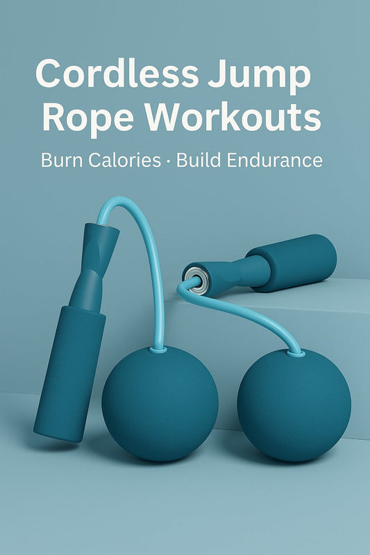 Cordless jump rope workouts cover image with teal handles and weighted balls on a blue background, text saying Burn Calories · Build Endurance