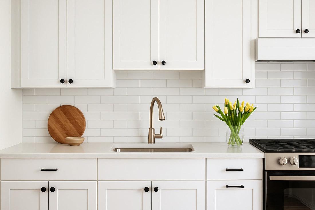 Bright modern kitchen with white cabinets, subway tile backsplash, stainless steel stove, and a vase of yellow tulips, showcasing a perfectly clean and inviting space.