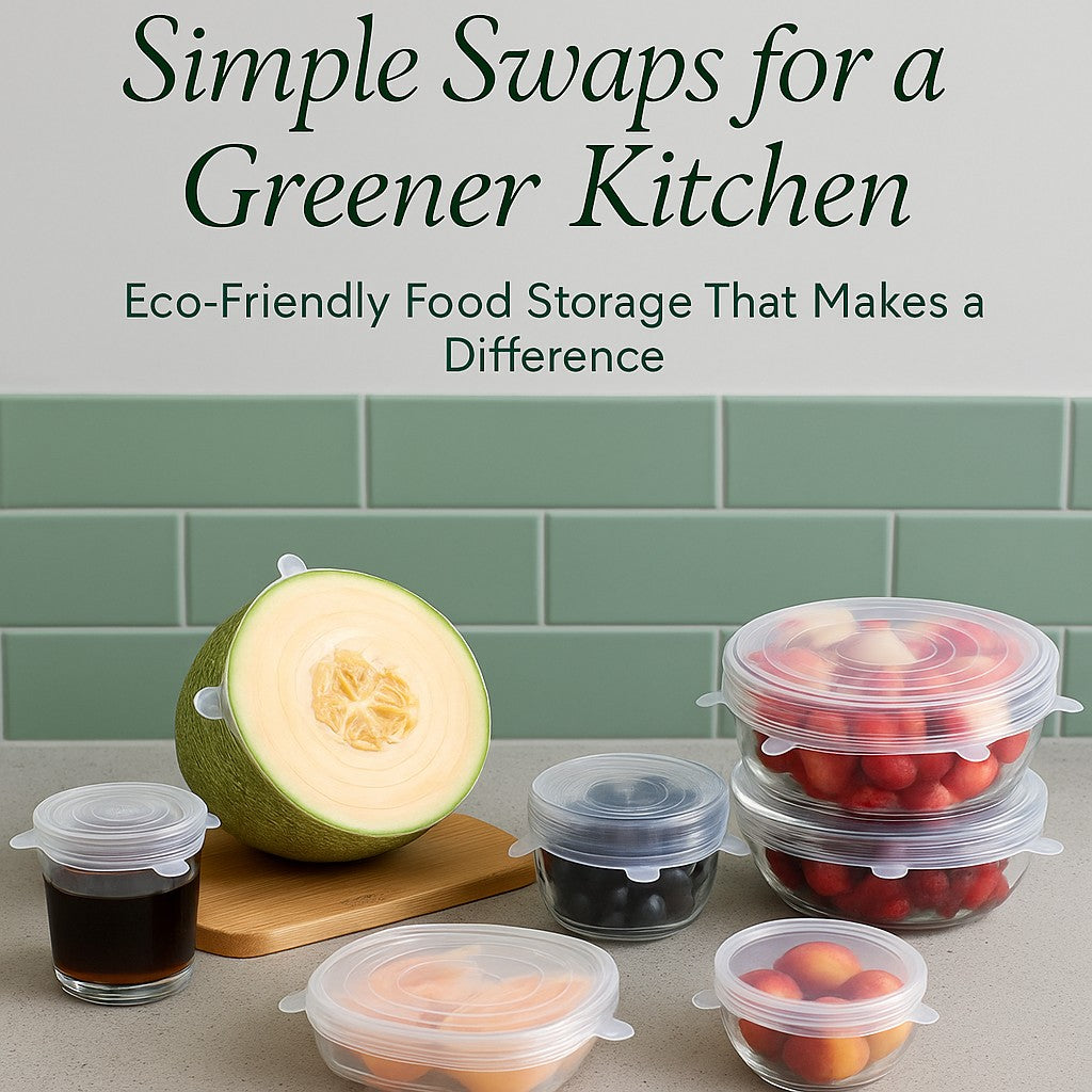 Reusable silicone food covers on various bowls and jars with text 'Simple Swaps for a Greener Kitchen' in an eco-friendly kitchen setting.
