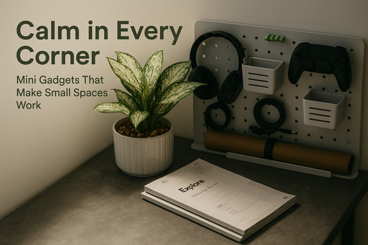 Minimalist workspace with a small potted plant, pegboard organizer, and neatly arranged gadgets, symbolizing calm and smart use of space in a small apartment.