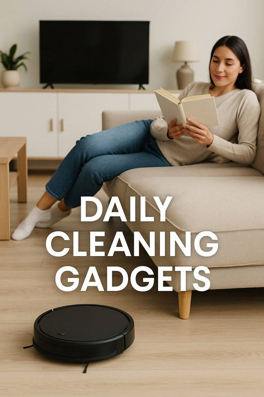 Lifestyle cover showing a woman relaxing on a sofa while a robot vacuum cleans the living room – Daily Cleaning Gadgets