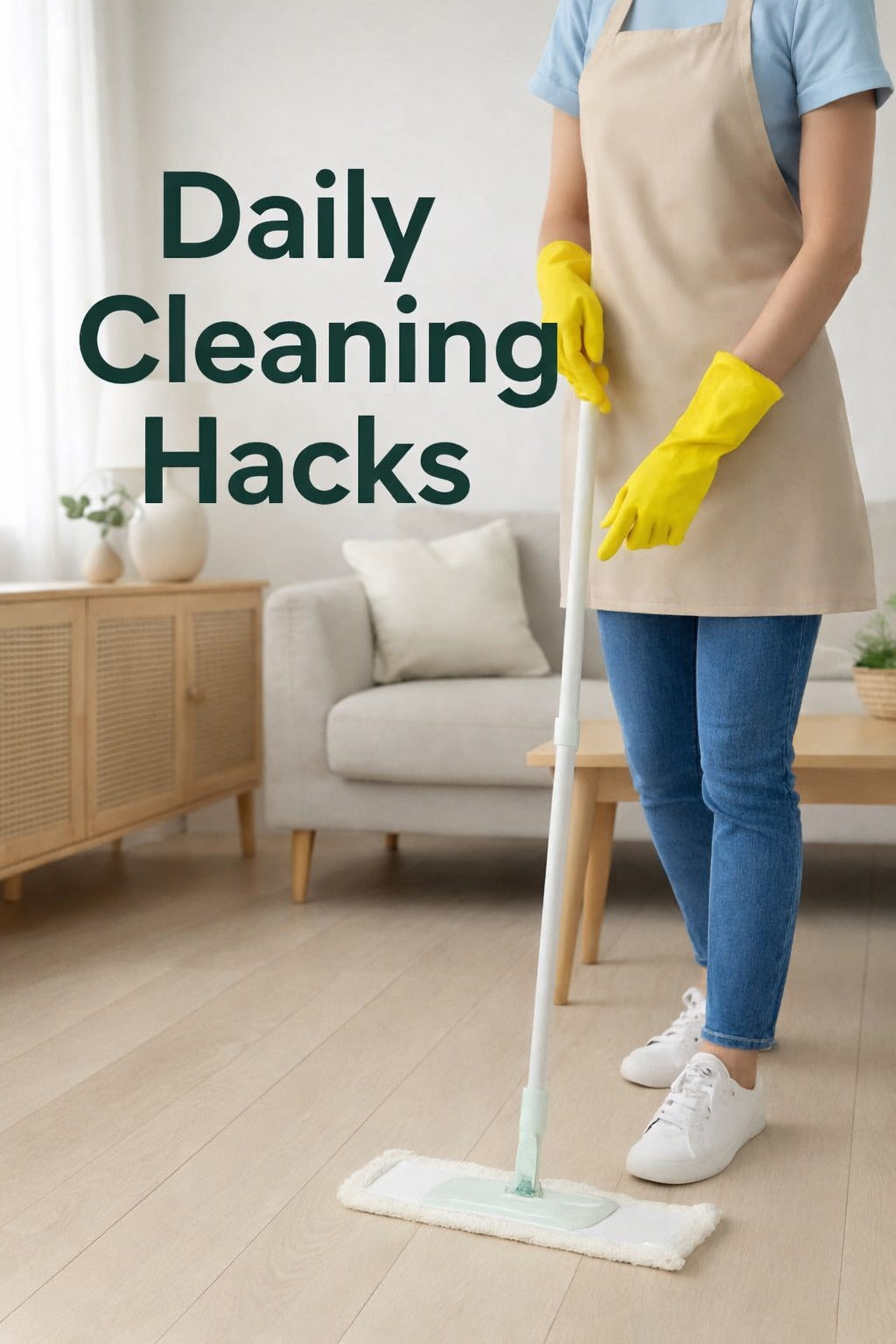 Person mopping a light wood floor in a bright living room with a flat mop, yellow cleaning gloves, and a beige apron, with modern text reading “Daily Cleaning Hacks.”