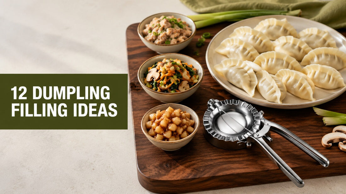 Assorted homemade dumplings with savory, vegetarian, and sweet fillings beside a stainless steel dumpling maker.