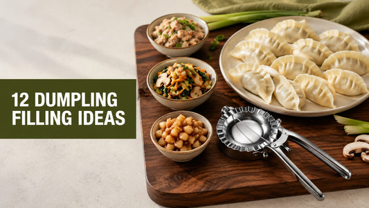 Assorted homemade dumplings with savory, vegetarian, and sweet fillings beside a stainless steel dumpling maker.