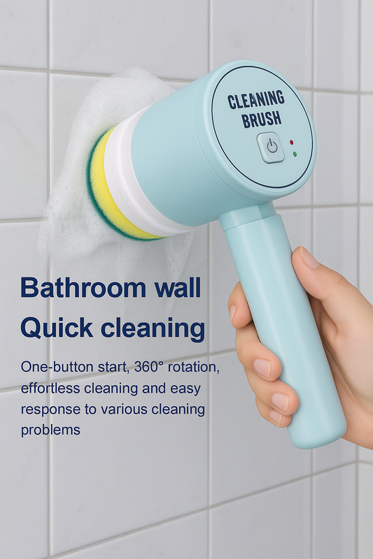 Electric cleaning brush scrubbing a tiled bathroom wall with foam, representing effortless home cleaning.