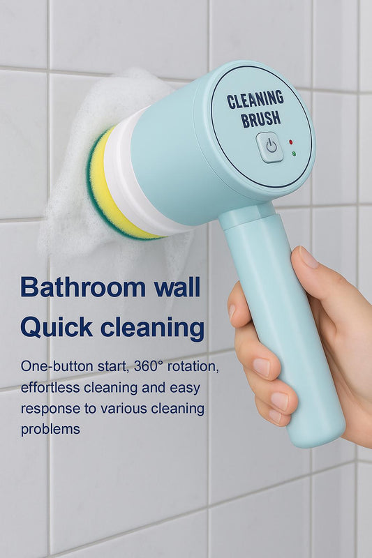 Electric cleaning brush scrubbing a tiled bathroom wall with foam, representing effortless home cleaning.