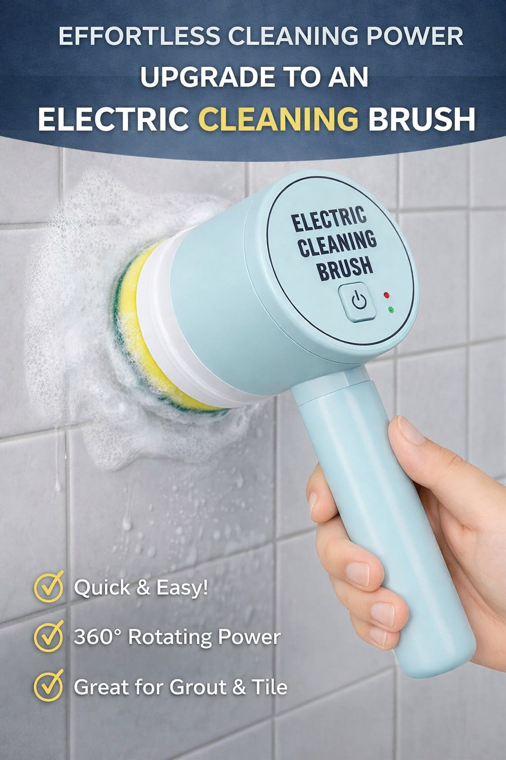 Electric cleaning brush scrubbing bathroom tiles with foam, highlighting quick and easy cleaning power for grout, tile, and hard-to-clean bathroom surfaces.