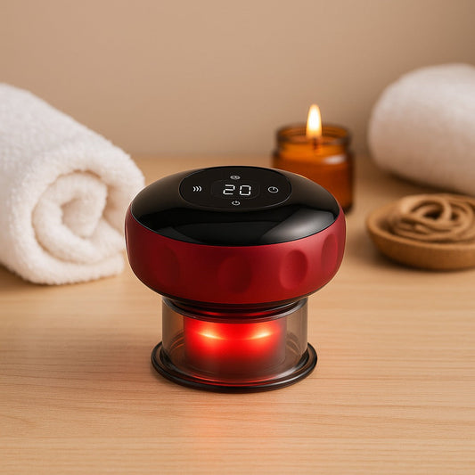 Electric cupping massager with red light therapy on a wooden spa table with towels and candle in the background