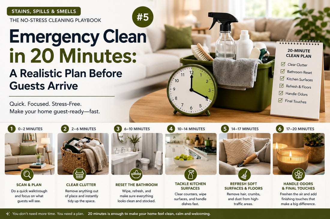 Emergency clean in 20 minutes plan with cleaning supplies, timer, and guest-ready home checklist