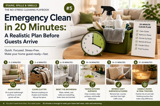 Emergency clean in 20 minutes plan with cleaning supplies, timer, and guest-ready home checklist