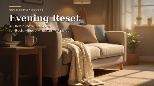Cozy evening living room with warm light, tea, blanket, and soft sofa atmosphere for a 10-minute wind-down routine.