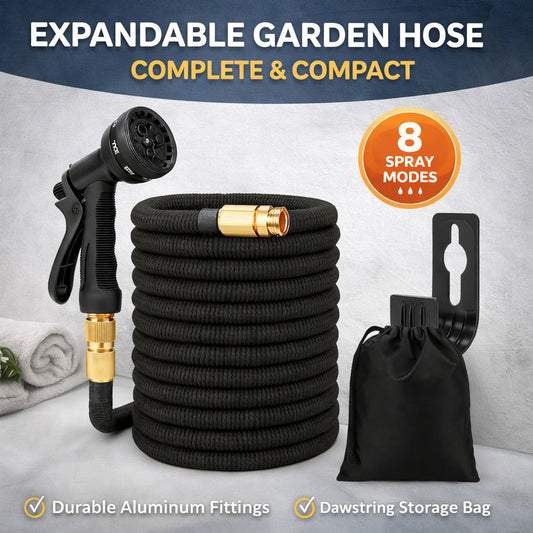 Expandable garden hose kit with spray nozzle, storage bag, and wall hook, highlighted as a compact and practical solution for watering and outdoor cleaning.