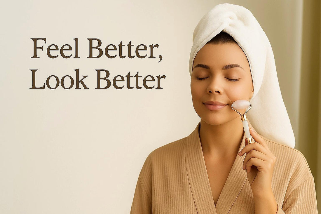 Young woman in a beige robe and towel wrap using a rose quartz face roller, with the phrase 'Feel Better, Look Better' in an elegant font on a soft neutral background.