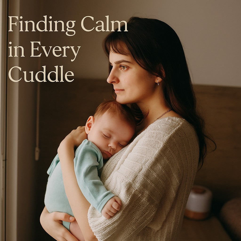Mother gently holding her sleeping baby by the window with soft beige text “Finding Calm in Every Cuddle”.