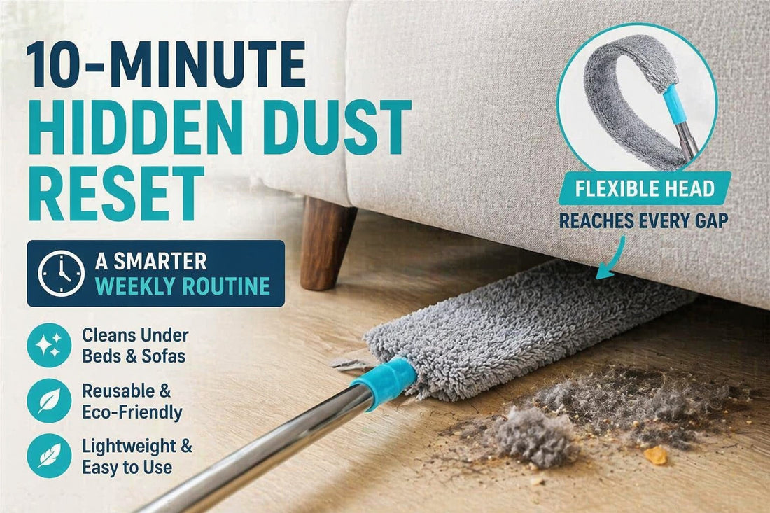 Flat microfiber dust mop cleaning under a sofa with text overlay about a 10-minute hidden dust reset routine.