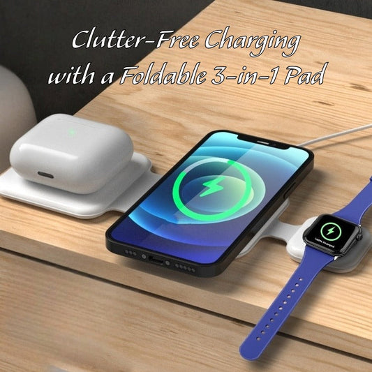 Foldable 3-in-1 wireless charging pad FD-308 on a tidy wooden desk with text “Clutter-Free Charging with a Foldable 3-in-1 Pad”