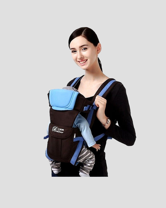 Mother demonstrating safe horizontal newborn carrying position using a 4-in-1 ergonomic baby carrier.