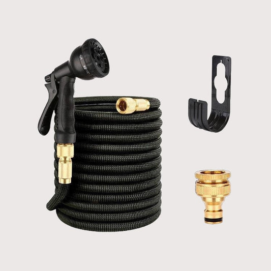 Garden hose with spray nozzle, wall hook, and brass connectors – compact and easy to store