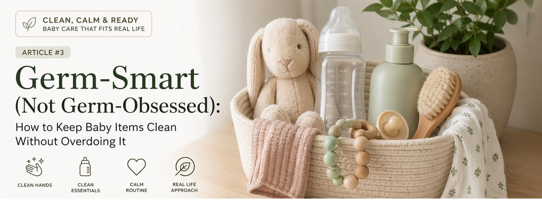 Clean baby essentials, bottle, pacifier, brush, and soft toys arranged in a calm nursery-style baby care setup.