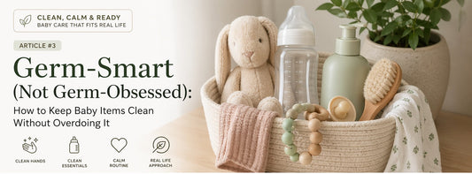 Clean baby essentials, bottle, pacifier, brush, and soft toys arranged in a calm nursery-style baby care setup.