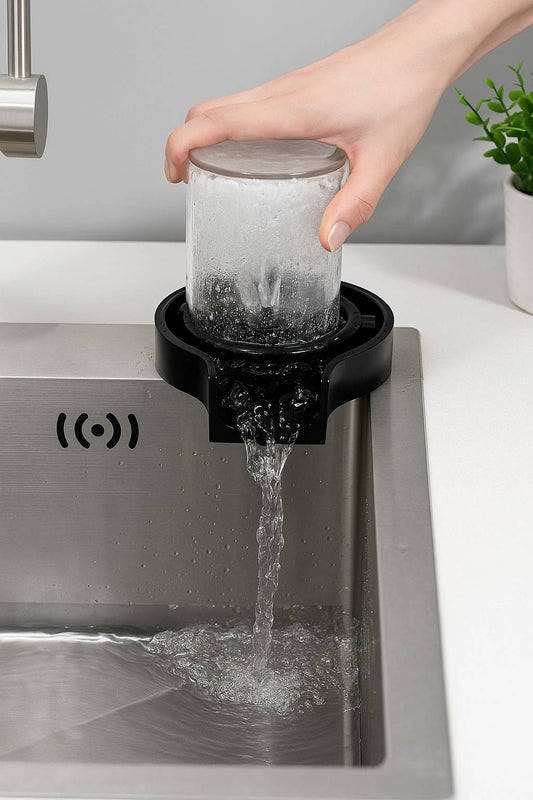 Automatic high-pressure cup rinser in use on a kitchen sink, rinsing an upside-down glass with clean water jets.