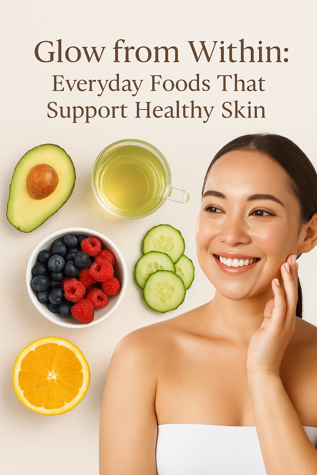 Healthy woman with glowing skin surrounded by avocado, berries, cucumber, and green tea on a light background – Glow from Within blog cover.