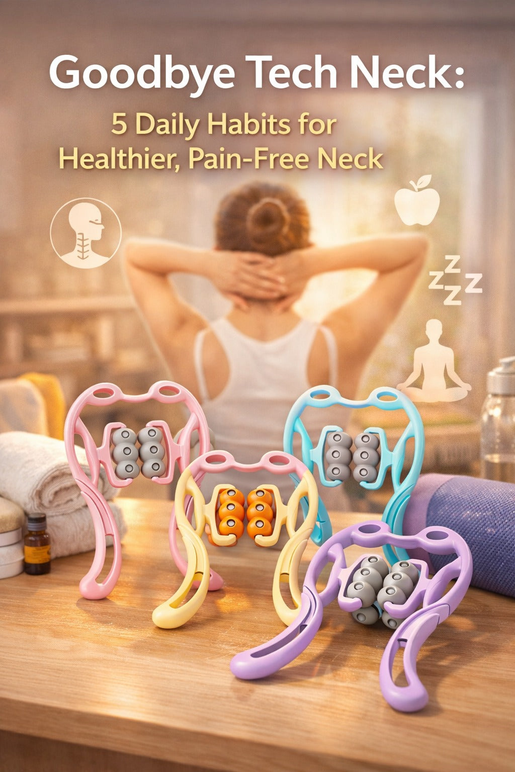 Wellness-style blog cover showing colorful neck massagers on a wooden surface with a soft self-care background, created for an article about daily habits to reduce tech neck.