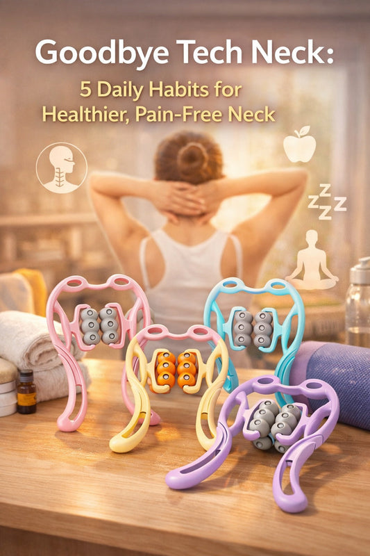 Wellness-style blog cover showing colorful neck massagers on a wooden surface with a soft self-care background, created for an article about daily habits to reduce tech neck.