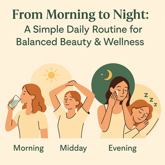 Illustrated infographic showing a simple daily routine for balanced beauty and wellness from morning to night.