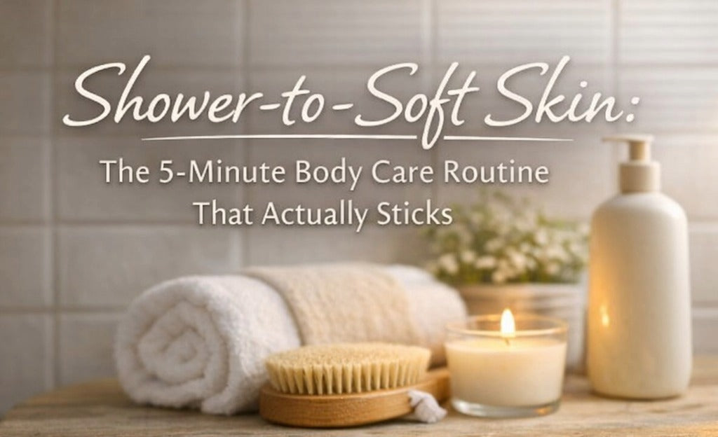 Shower-to-Soft Skin cover image with soft bathroom setting, towel, body care brush, candle, and lotion bottle.