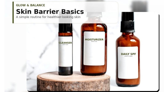 Blog cover with amber skincare bottles labeled Cleanser, Moisturizer, and Daily SPF, titled “Skin Barrier Basics”.