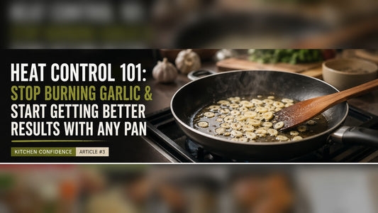 Heat Control 101 blog cover showing sliced garlic cooking gently in a pan with kitchen confidence cooking tips.
