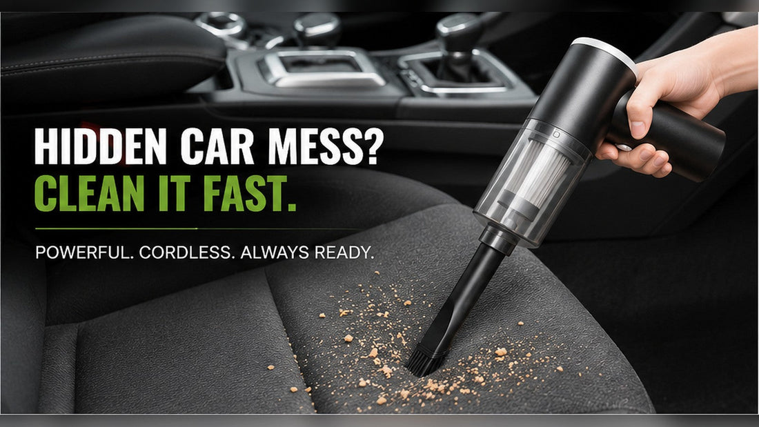 Portable cordless car vacuum cleaning crumbs from a car seat with text Hidden Car Mess Clean It Fast.