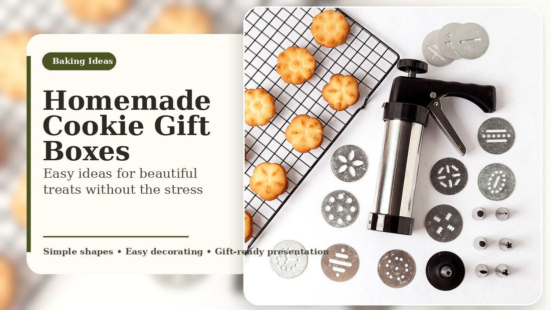 Homemade cookie gift box ideas with stainless steel cookie press kit, shaped cookies, discs, and icing tips.