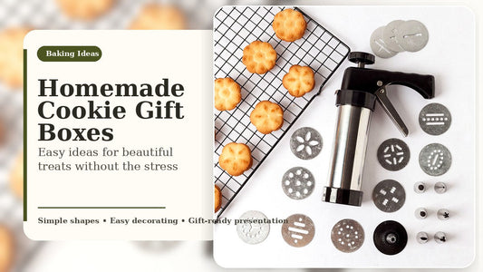 Homemade cookie gift box ideas with stainless steel cookie press kit, shaped cookies, discs, and icing tips.