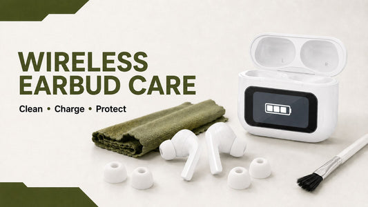 Smart Bluetooth Earbuds A9Pro with a microfiber cloth, soft brush, silicone tips, and touch-display charging case