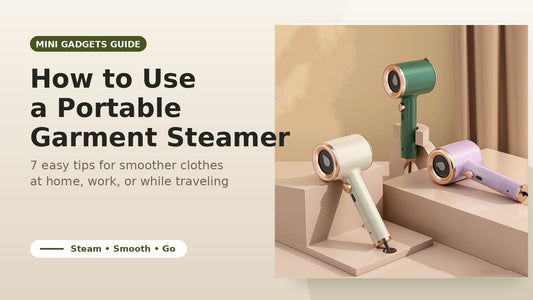 Mini portable handheld garment steamer with blog title text about how to use a portable garment steamer.