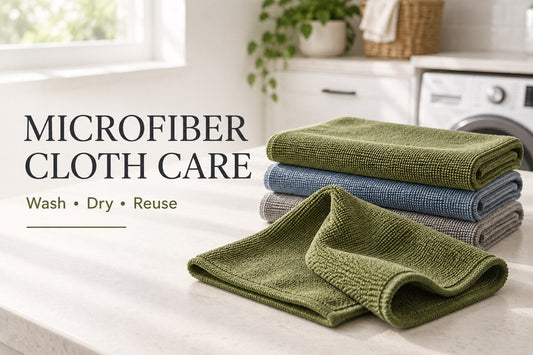 Folded green, blue, and gray microfiber cloths with the text Microfiber Cloth Care: Wash, Dry, Reuse.