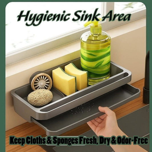 Clean kitchen sink area with organized sponges and soap on a hygienic drain rack.