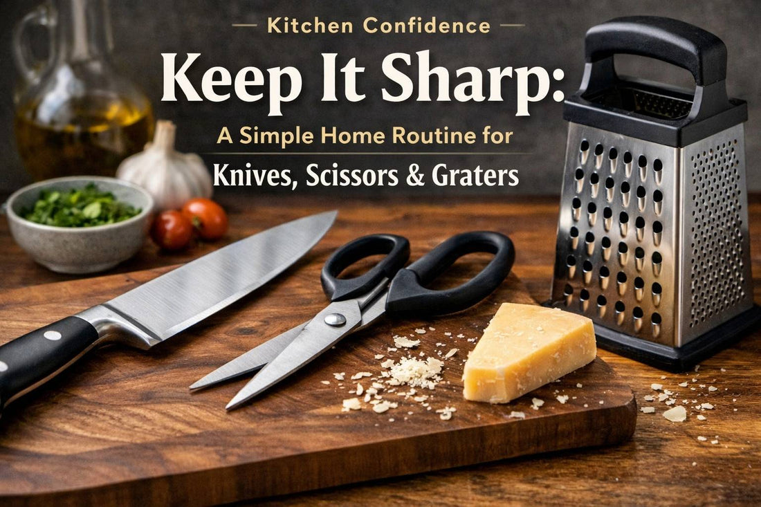 Kitchen tools arranged on a wooden board for a home maintenance guide, featuring a chef’s knife, kitchen scissors, and a box grater.