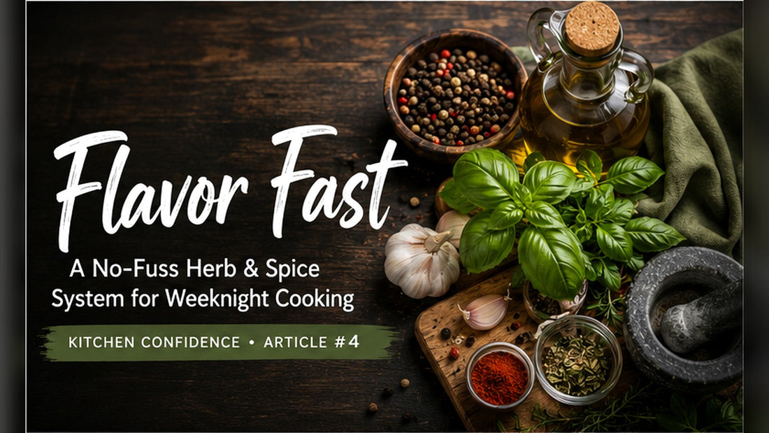 Flavor Fast blog cover with assorted herbs, spices, garlic, olive oil, fresh basil, and pepper on a rustic kitchen table.