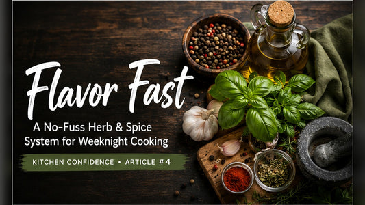Flavor Fast blog cover with assorted herbs, spices, garlic, olive oil, fresh basil, and pepper on a rustic kitchen table.