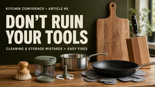 Kitchen Confidence Article 5 cover with cookware, wooden boards, a knife block, and organized kitchen tool care essentials.