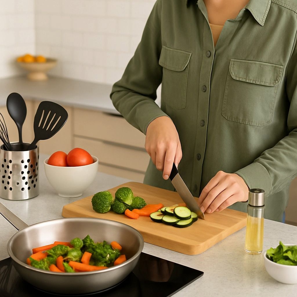 Person slicing fresh zucchini and carrots on a cutting board in a modern kitchen with cooking tools and vegetables around.