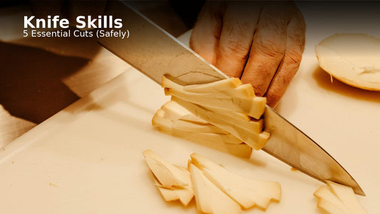 Knife skills cover image with hands slicing ingredients on a cutting board and the title at the top.